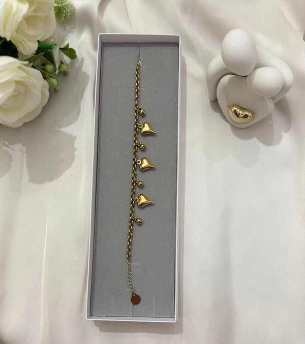 Bracciale con Charms Cuore 3D in Acciaio Oro - Catena Chunky Regolabile