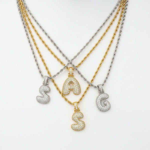 BUNDLE SET Collana a Corda "Rope Chain" + Ciondolo Lettera Iniziale "Balloon" con Pavé di Zirconi – Alfabeto Completo