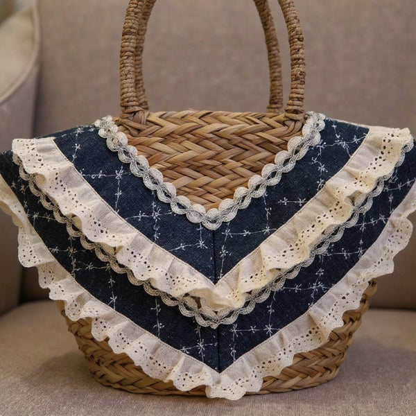 Fiorella – Borsa Coffa Donna in Paglia Naturale Traforata pizzo Grande Vimini Mare Spiaggia Palma Decorata