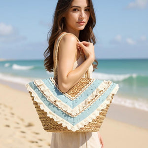 Fiorella – Borsa Coffa Donna in Paglia Naturale Traforata pizzo Grande Vimini Mare Spiaggia Palma Decorata