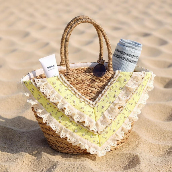 Fiorella – Borsa Coffa Donna in Paglia Naturale Traforata pizzo Grande Vimini Mare Spiaggia Palma Decorata