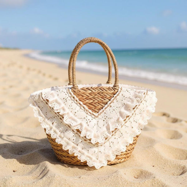 Fiorella – Borsa Coffa Donna in Paglia Naturale Traforata pizzo Grande Vimini Mare Spiaggia Palma Decorata