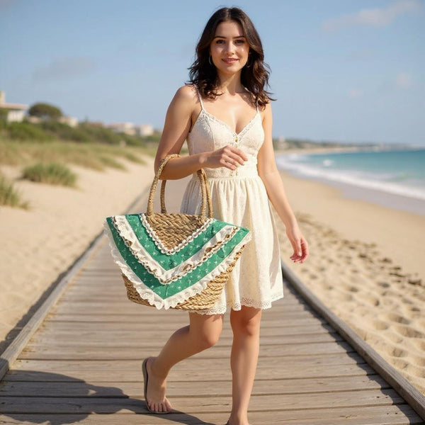 Fiorella – Borsa Coffa Donna in Paglia Naturale Traforata pizzo Grande Vimini Mare Spiaggia Palma Decorata