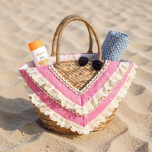 Fiorella – Borsa Coffa Donna in Paglia Naturale Traforata pizzo Grande Vimini Mare Spiaggia Palma Decorata
