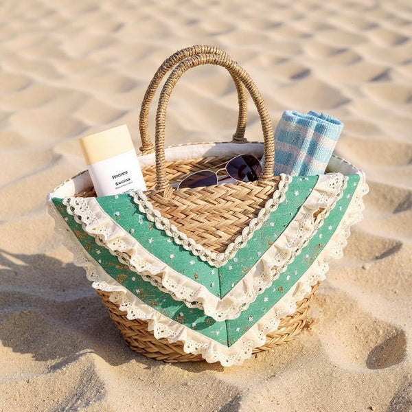Fiorella – Borsa Coffa Donna in Paglia Naturale Traforata pizzo Grande Vimini Mare Spiaggia Palma Decorata