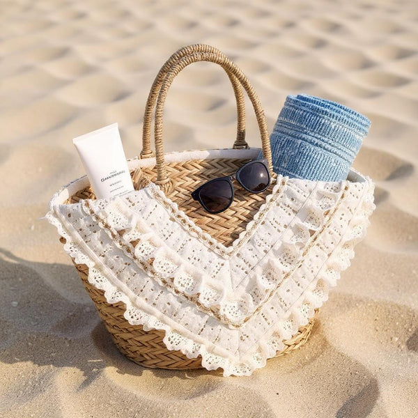 Fiorella – Borsa Coffa Donna in Paglia Naturale Traforata pizzo Grande Vimini Mare Spiaggia Palma Decorata