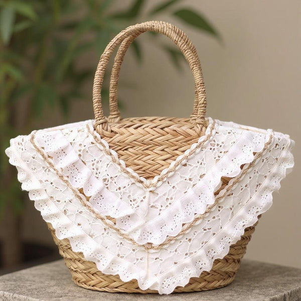 Fiorella – Borsa Coffa Donna in Paglia Naturale Traforata pizzo Grande Vimini Mare Spiaggia Palma Decorata