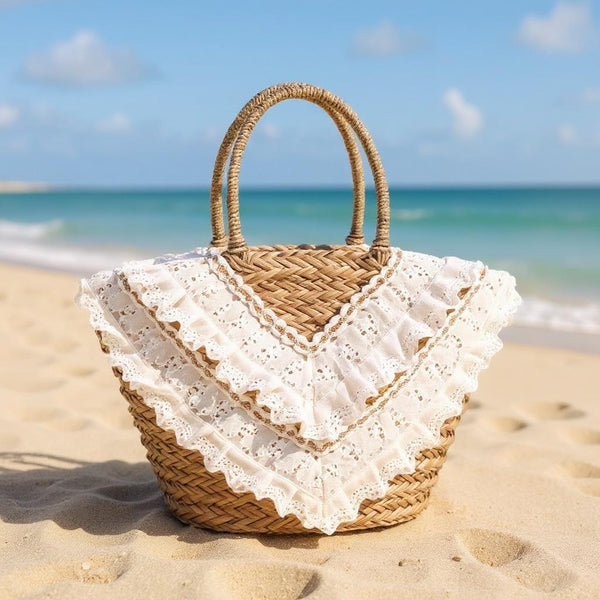 Fiorella – Borsa Coffa Donna in Paglia Naturale Traforata pizzo Grande Vimini Mare Spiaggia Palma Decorata