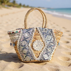 Essenza – Borsa Coffa Donna in Paglia Naturale Traforata pizzo Grande Vimini Mare Spiaggia Palma Decorata