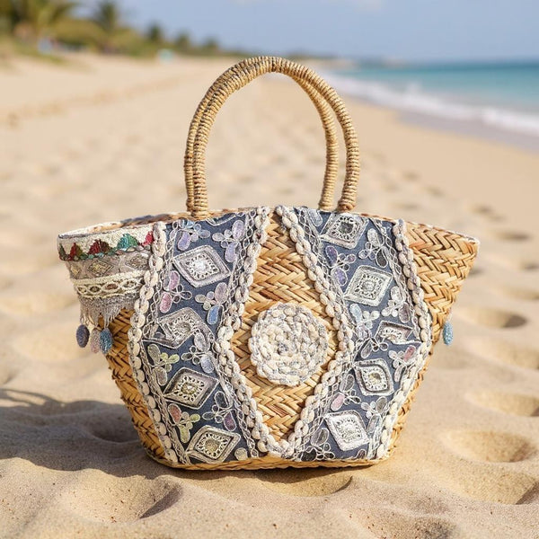 Essenza – Borsa Coffa Donna in Paglia Naturale Traforata pizzo Grande Vimini Mare Spiaggia Palma Decorata