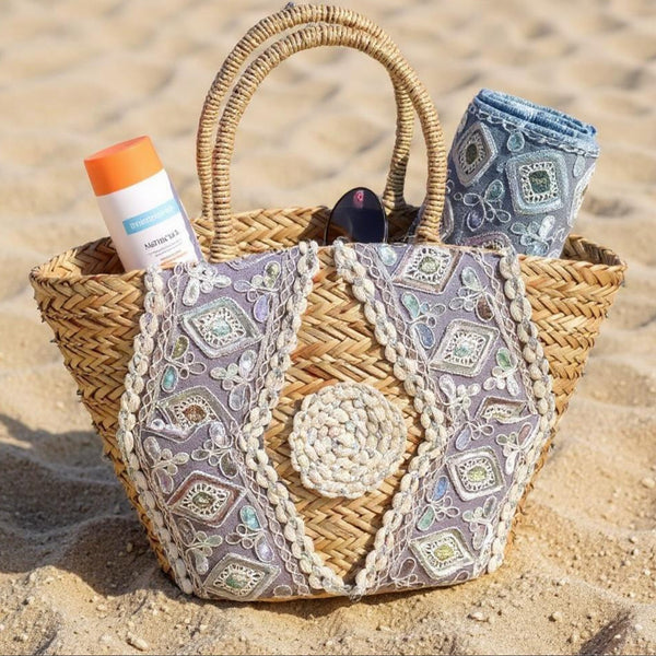 Essenza – Borsa Coffa Donna in Paglia Naturale Traforata pizzo Grande Vimini Mare Spiaggia Palma Decorata