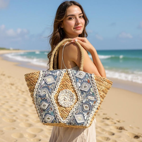 Essenza – Borsa Coffa Donna in Paglia Naturale Traforata pizzo Grande Vimini Mare Spiaggia Palma Decorata