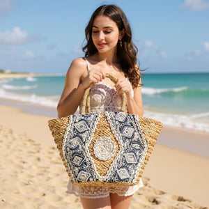 Essenza – Borsa Coffa Donna in Paglia Naturale Traforata pizzo Grande Vimini Mare Spiaggia Palma Decorata