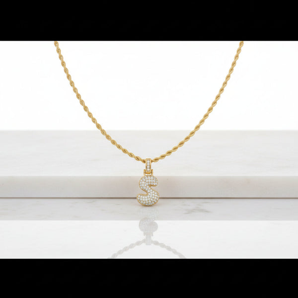 BUNDLE SET Collana a Corda "Rope Chain" + Ciondolo Lettera Iniziale "Balloon" con Pavé di Zirconi – Alfabeto Completo