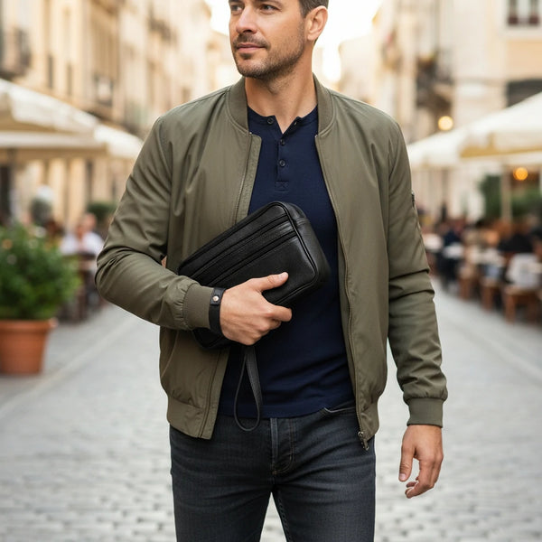 Gyoiamea - Pochette vera pelle venata uomo Pelle multitasche Pochette a Mano Da Polso