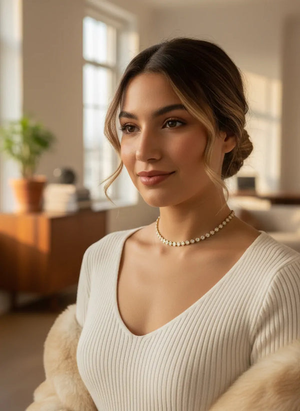 Collana Tennis Donna in Acciaio Inossidabile Oro - Girocollo Regolabile con Cristalli Luminosi