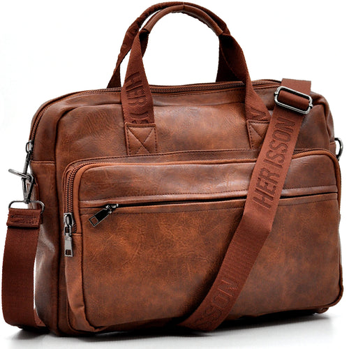 Borsa Uomo Cartella Tracolla in Pelle Sintetica Marrone — Ventiquattrore Casual Business