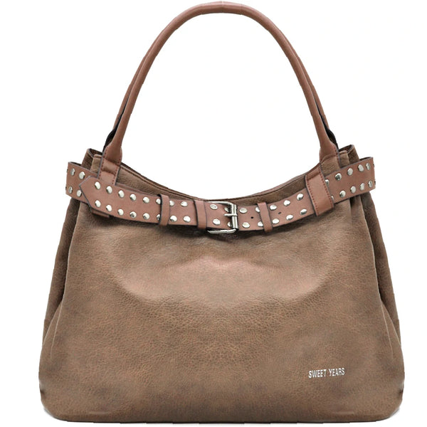 Borsa a sacco shopping firmato SWEET YEARS donna spalla a tracolla simil pelle shopping borchie cintura