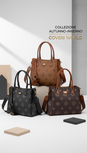 Borsa tote shopping firmata COVERI WORLD a tracolla elegante casual simil pelle logo fantasia