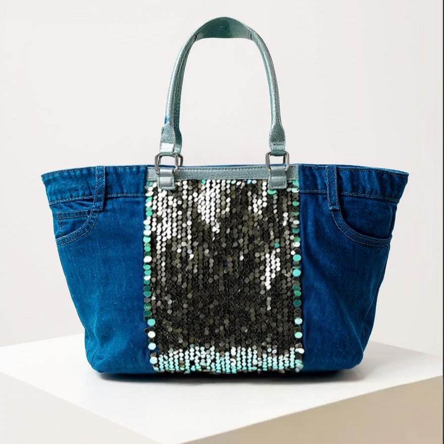 Borsa La Matera jeans trapuntata capiente shopping spalla tracolla paillettes lustrini
