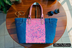 Borsa La Matera jeans trapuntata capiente shopping spalla tracolla paillettes lustrini