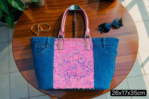 Borsa La Matera jeans trapuntata capiente shopping spalla tracolla paillettes lustrini