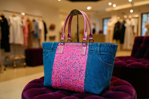 Borsa La Matera jeans trapuntata capiente shopping spalla tracolla paillettes lustrini