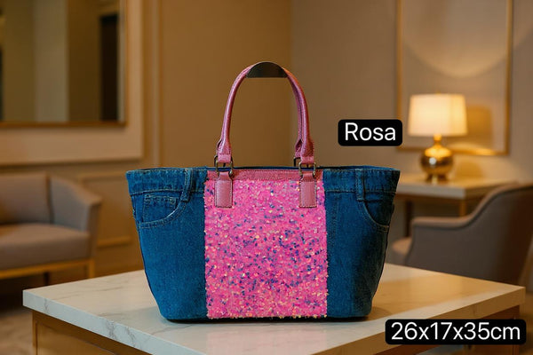 Borsa La Matera jeans trapuntata capiente shopping spalla tracolla paillettes lustrini