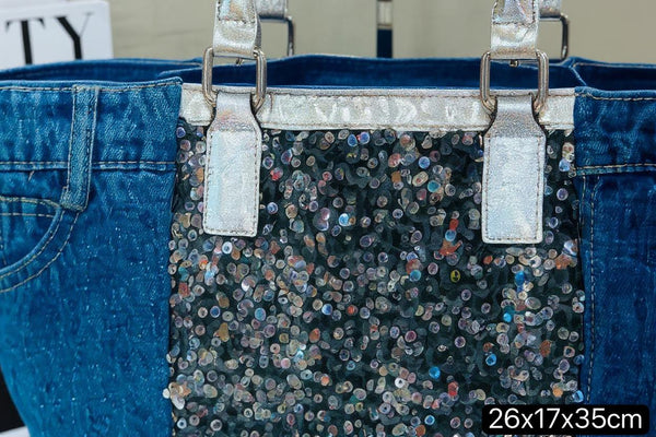 Borsa La Matera jeans trapuntata capiente shopping spalla tracolla paillettes lustrini