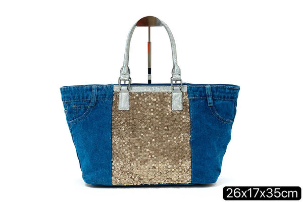 Borsa La Matera jeans trapuntata capiente shopping spalla tracolla paillettes lustrini