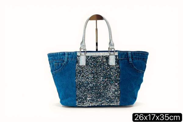Borsa La Matera jeans trapuntata capiente shopping spalla tracolla paillettes lustrini