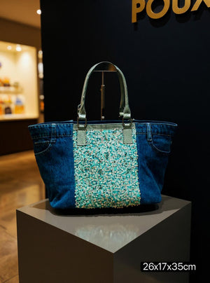 Borsa La Matera jeans trapuntata capiente shopping spalla tracolla paillettes lustrini
