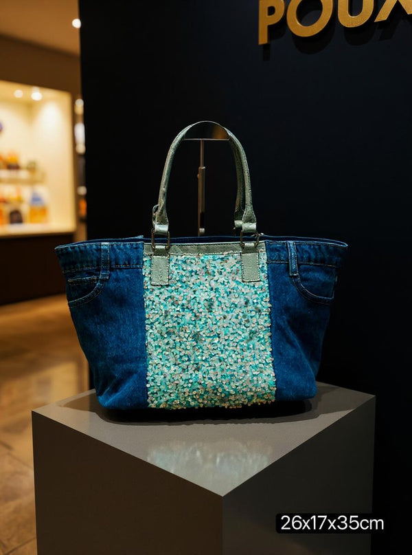 Borsa La Matera jeans trapuntata capiente shopping spalla tracolla paillettes lustrini