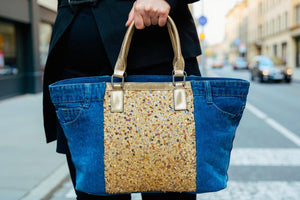 Borsa La Matera jeans trapuntata capiente shopping spalla tracolla paillettes lustrini
