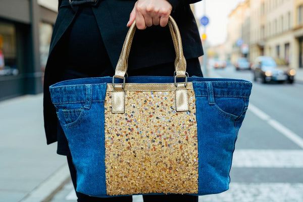 Borsa La Matera jeans trapuntata capiente shopping spalla tracolla paillettes lustrini