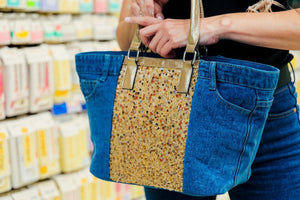 Borsa La Matera jeans trapuntata capiente shopping spalla tracolla paillettes lustrini