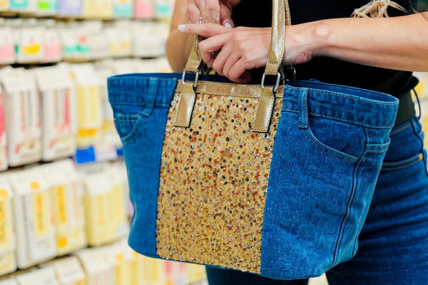 Borsa La Matera jeans trapuntata capiente shopping spalla tracolla paillettes lustrini