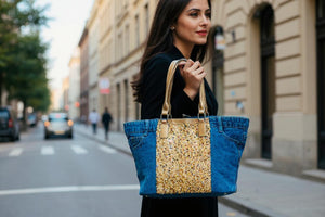 Borsa La Matera jeans trapuntata capiente shopping spalla tracolla paillettes lustrini