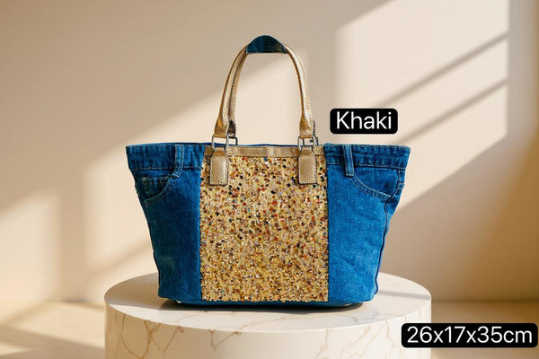 Borsa La Matera jeans trapuntata capiente shopping spalla tracolla paillettes lustrini