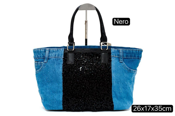 Borsa La Matera jeans trapuntata capiente shopping spalla tracolla paillettes lustrini
