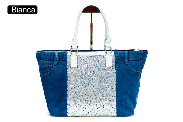 Borsa La Matera jeans trapuntata capiente shopping spalla tracolla paillettes lustrini