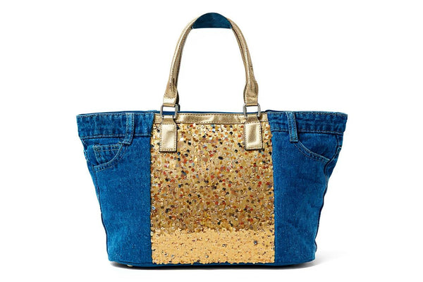 Borsa La Matera jeans trapuntata capiente shopping spalla tracolla paillettes lustrini