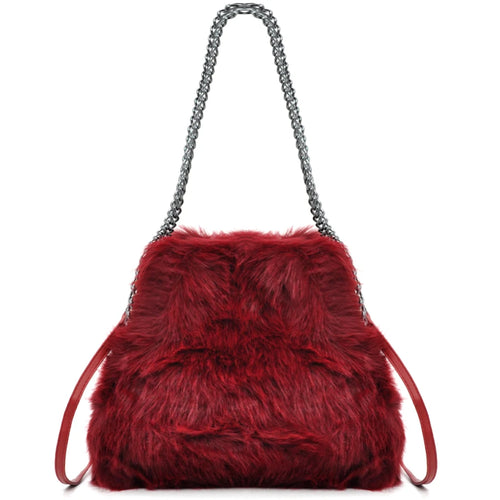 La Brava - Borsa firmata Gyoiamea in eco pelliccia morbida teddy pelo tracolla manici a catena