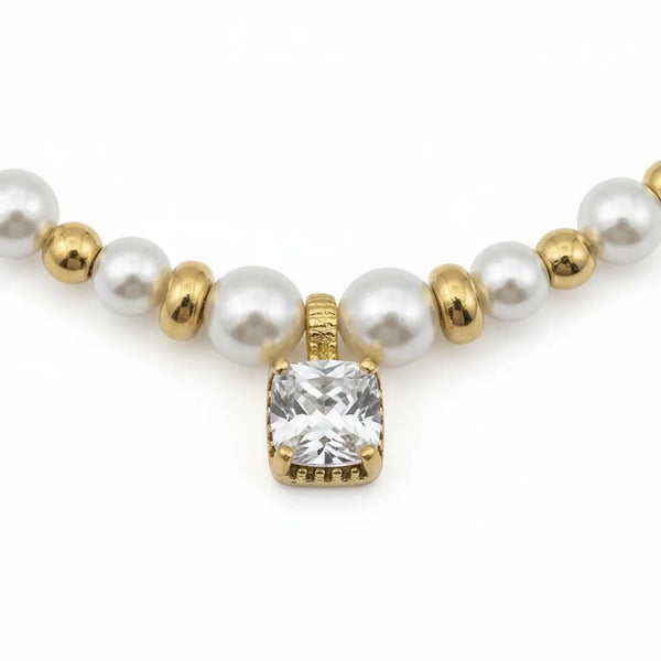 Collana Punto Luce con Perle in Acciaio Inossidabile - Girocollo Regolabile Oro e Argento