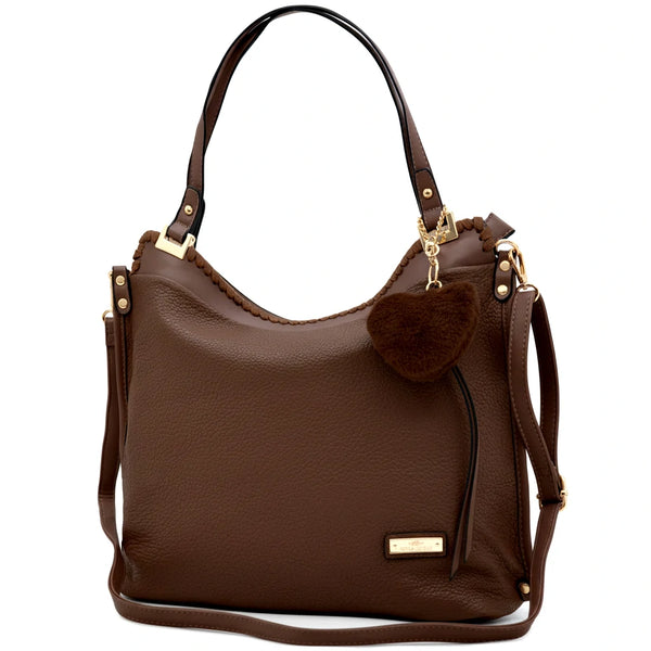 CHARRO - Borsa shopping pon pon cuore a spalla grande tracolla casual simil pelle venata