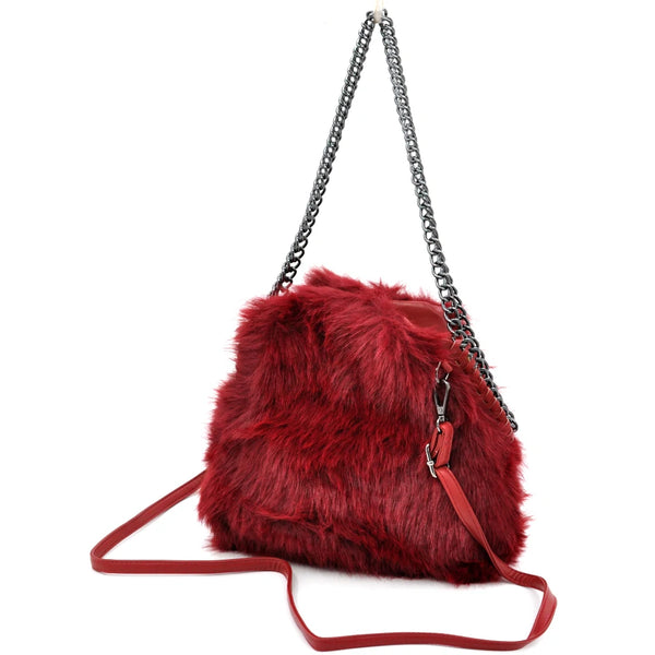 La Brava - Borsa firmata Gyoiamea in eco pelliccia morbida teddy pelo tracolla manici a catena