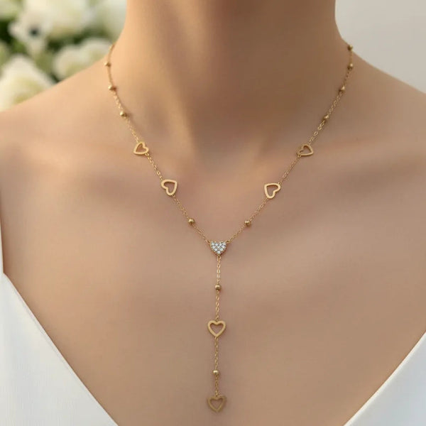 Collana a Y con Cuoricini in Acciaio Oro - Girocollo Lariat Regolabile