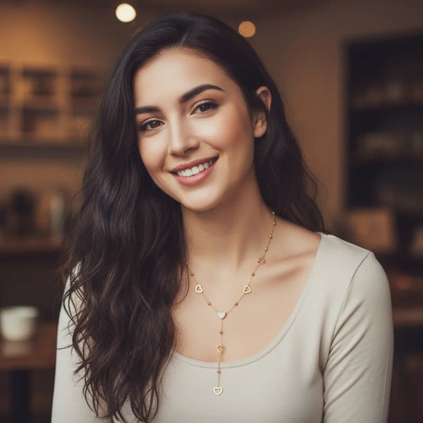 Collana a Y con Cuoricini in Acciaio Oro - Girocollo Lariat Regolabile