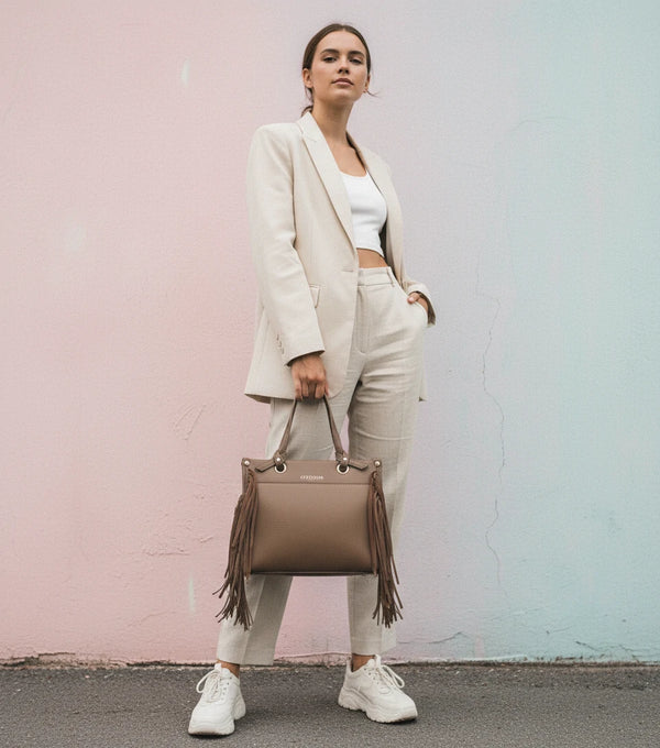 Borsa firmata COCONUDA donna spalla a tracolla simil pelle nuova bauletto shop tote bag frange nappe