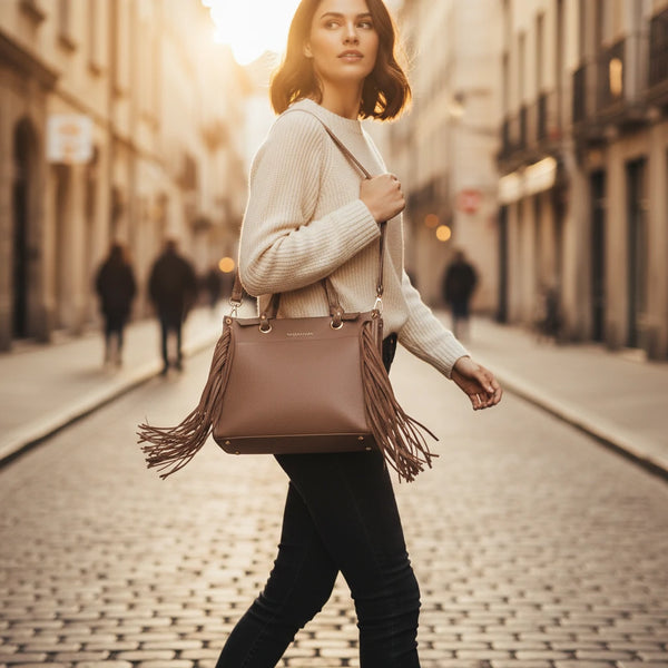 Borsa firmata COCONUDA donna spalla a tracolla simil pelle nuova bauletto shop tote bag frange nappe